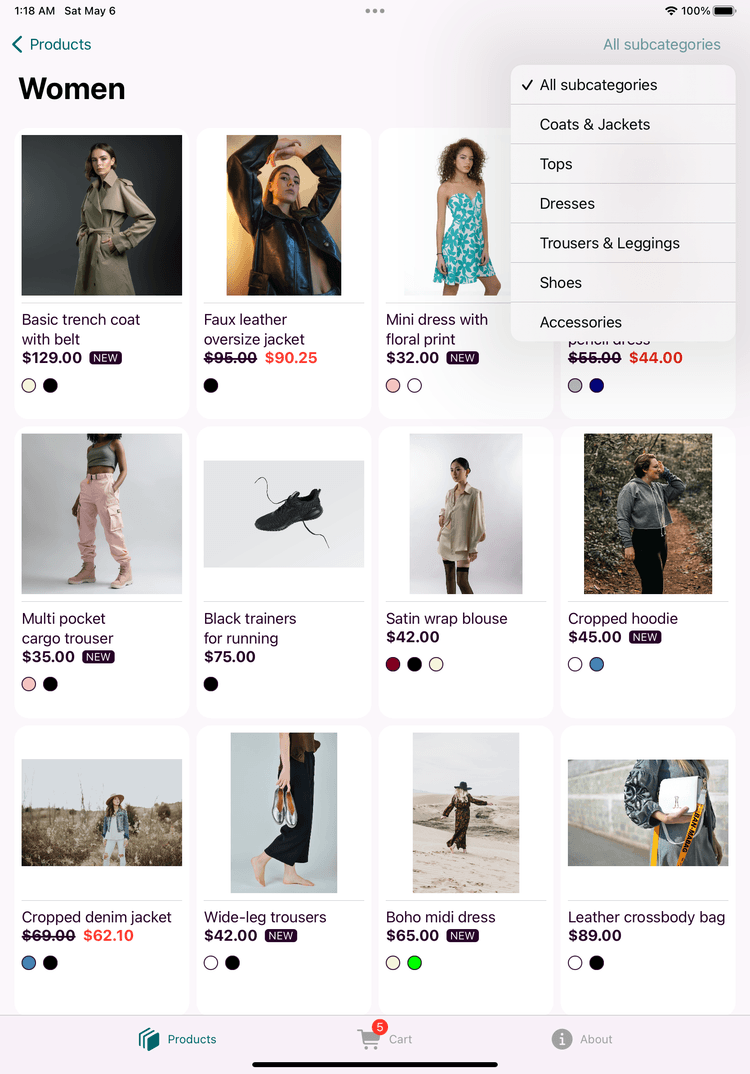 Subcategory selector screen