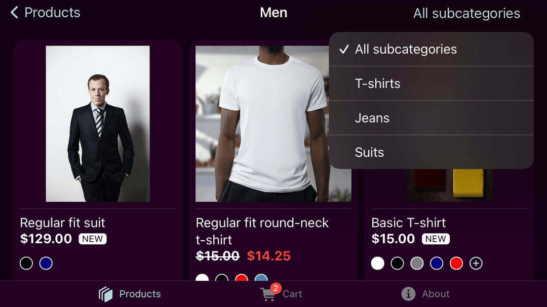 Subcategories selector screen