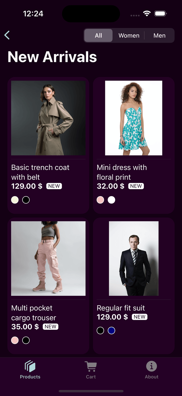 Products grid screen